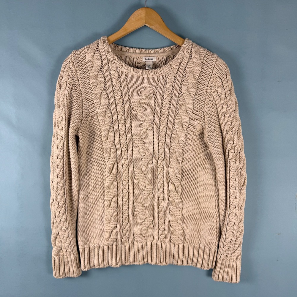 LL Bean Womens M Petite Beige Cotton Cable Knit Fisherman Crewneck Sweater